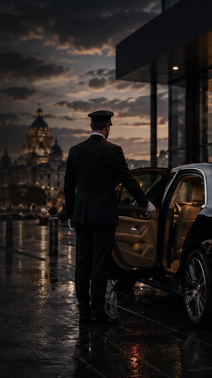 Private chauffeur opening a luxury sedan at an airport terminal