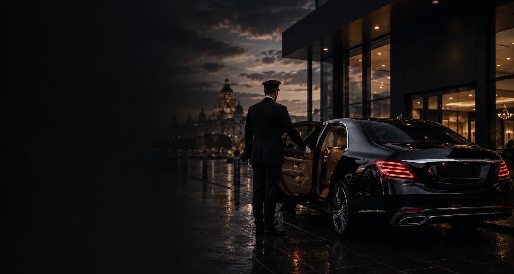 Private chauffeur opening a luxury sedan at an airport terminal