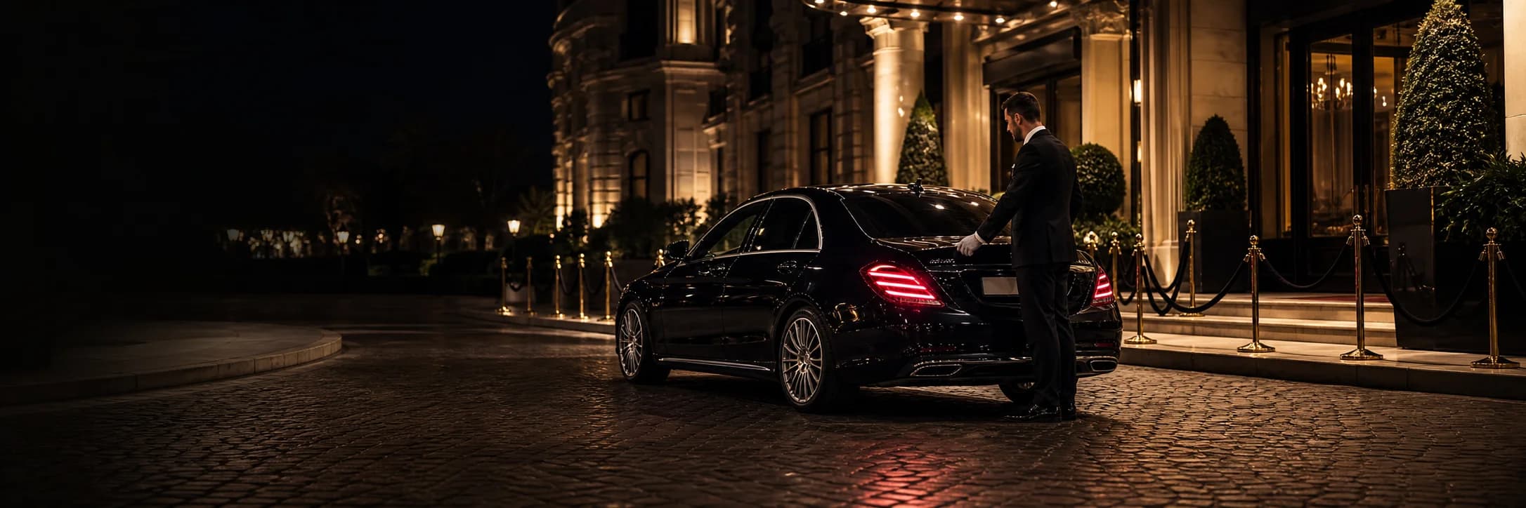Private chauffeur beside a luxury vehicle