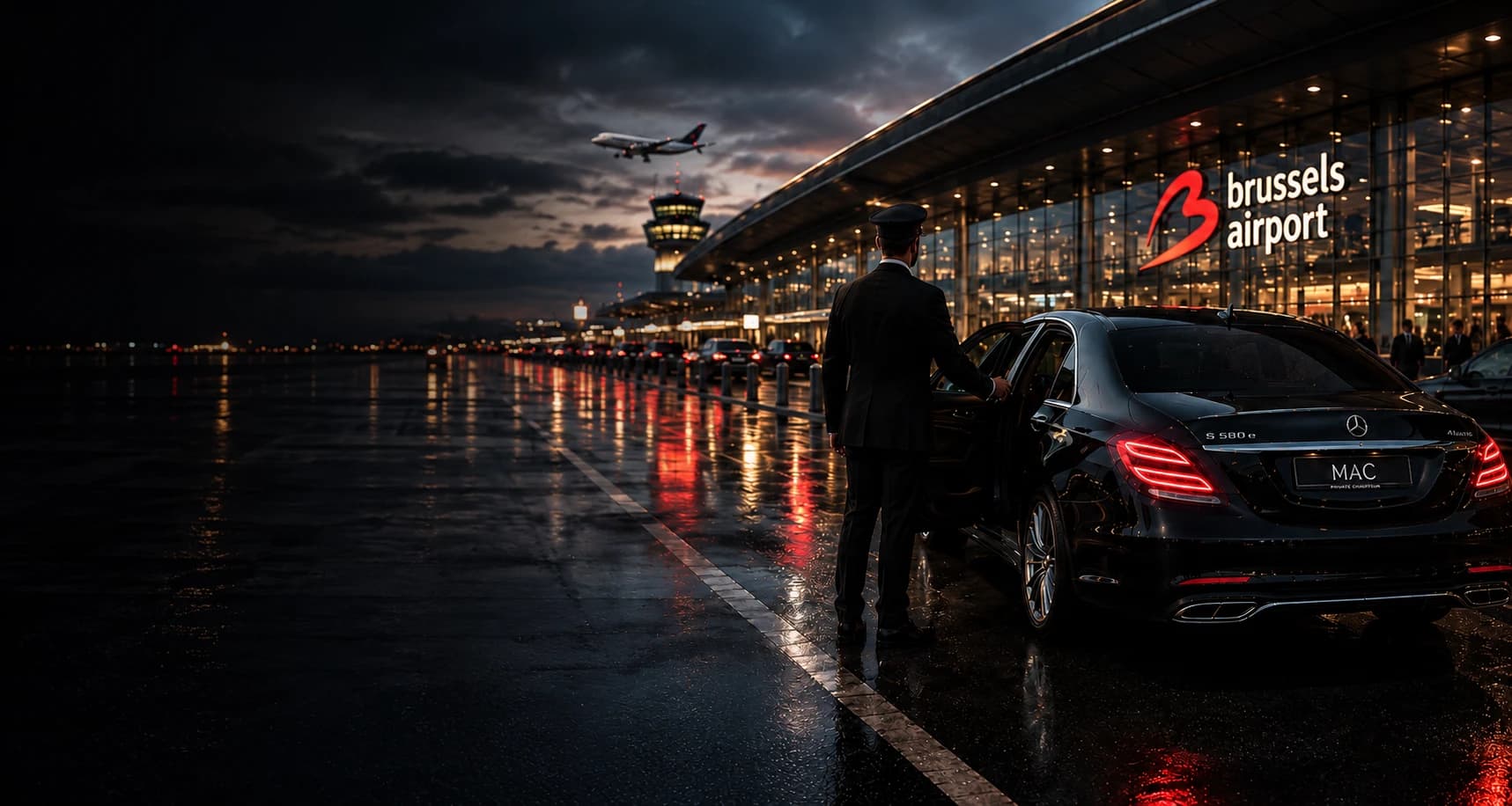 Chauffeur beside a Mercedes at Brussels Airport