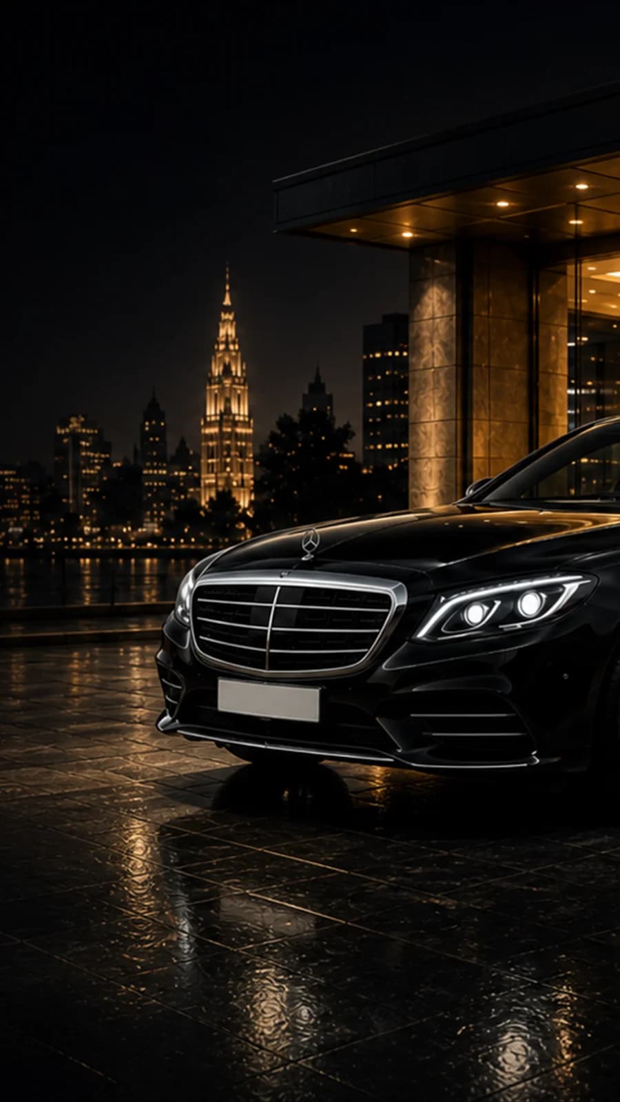 Black executive sedan outside a luxury hotel at night