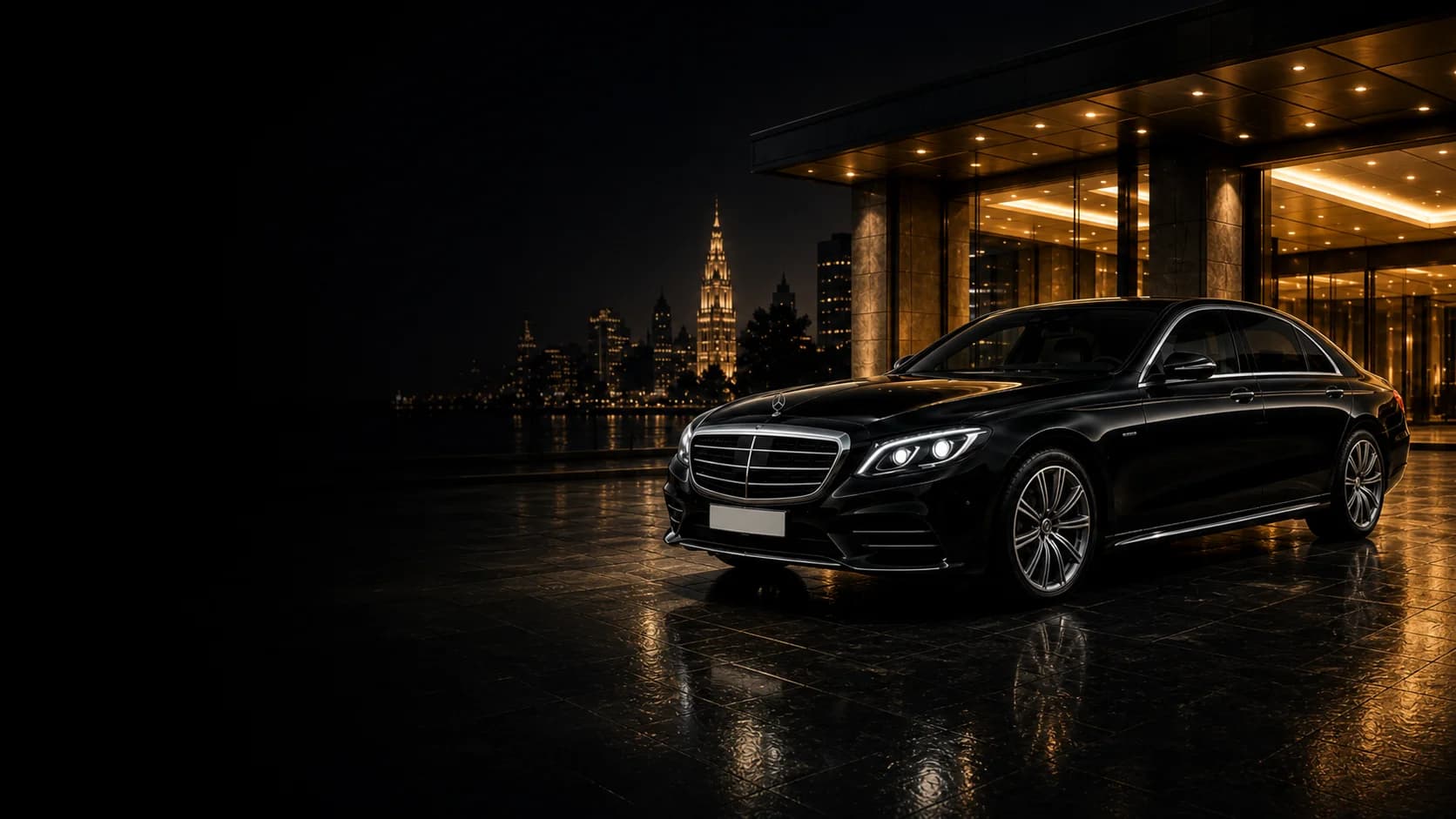 Black executive sedan outside a luxury hotel at night