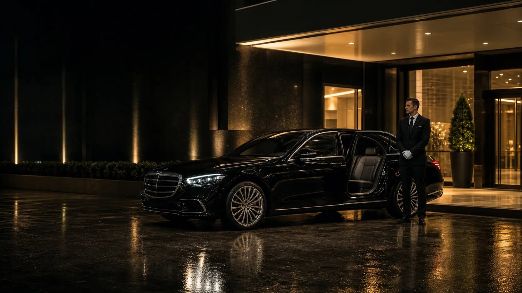 MAC private chauffeur beside a luxury sedan